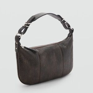 MANGO NWT Dark Brown Textured Faux Leather Shoulder Bag w/ Buckle Strap Details